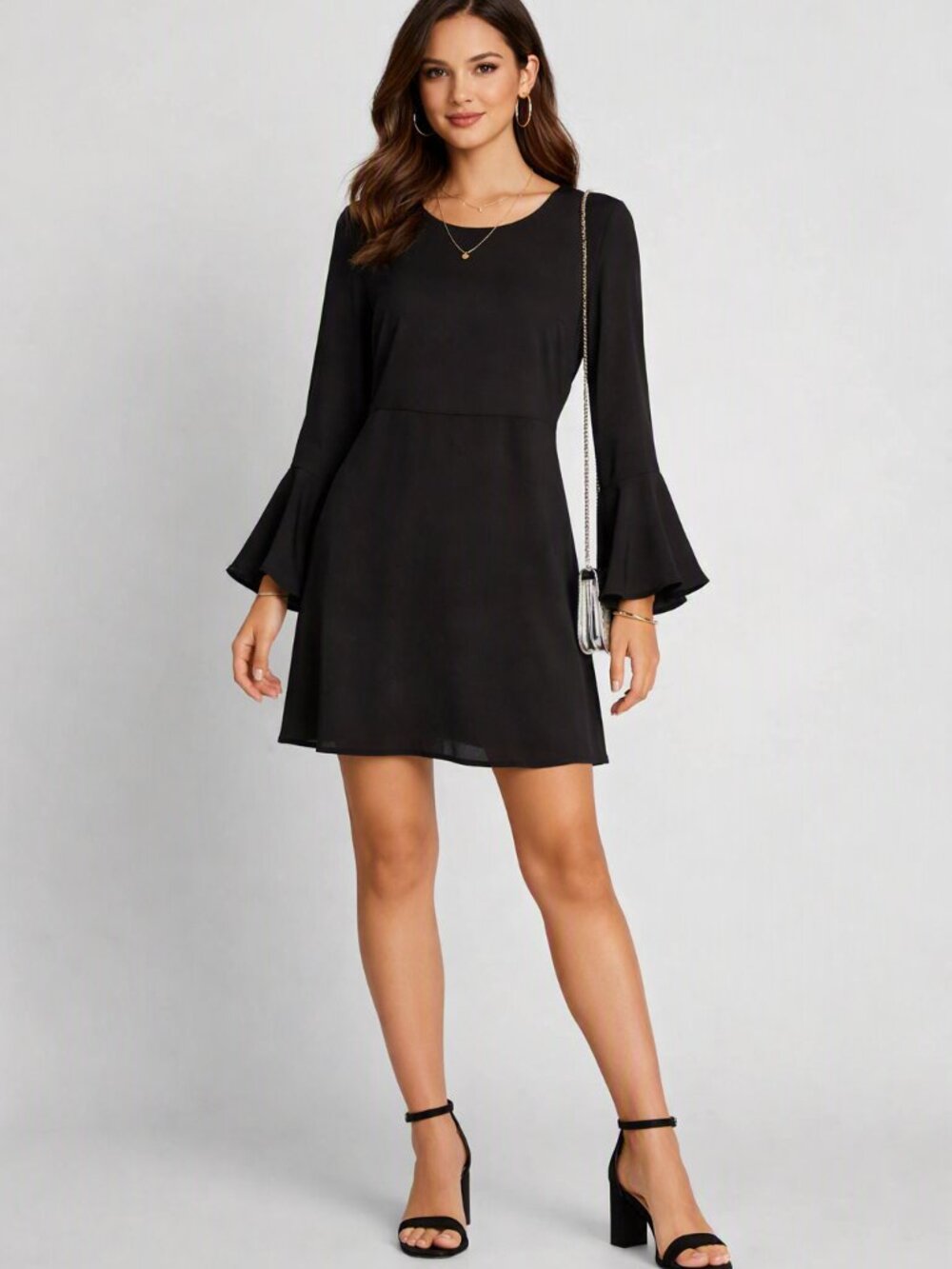 ModCloth Black Chiffon Long Bell Sleeves Occasion/Event Party Dress Size Small